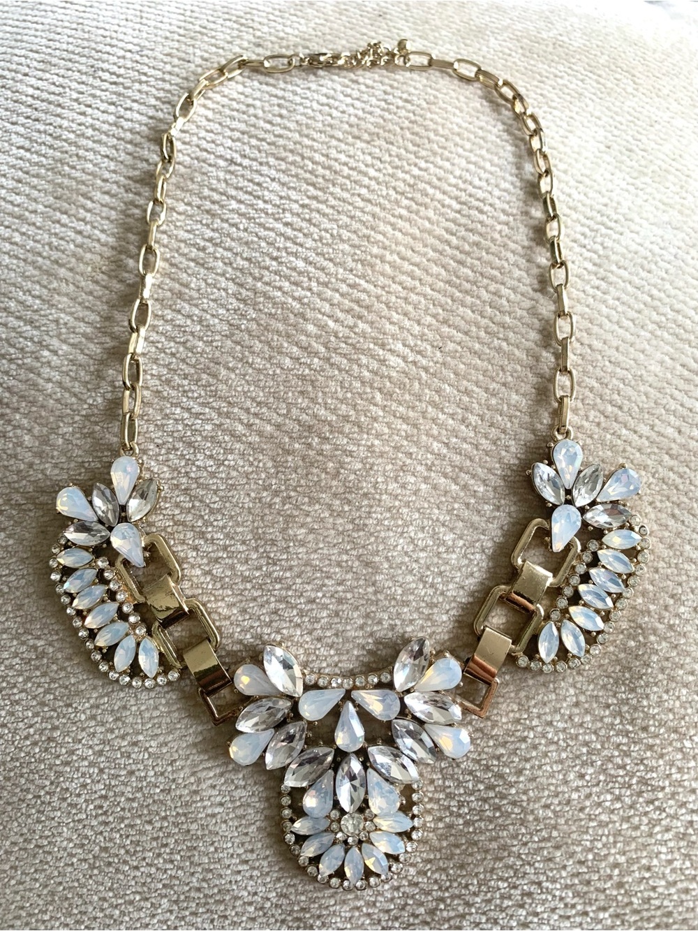 Vintage-Style Bib Statement Necklace Brass Milky Rhinestone Floral Clusters